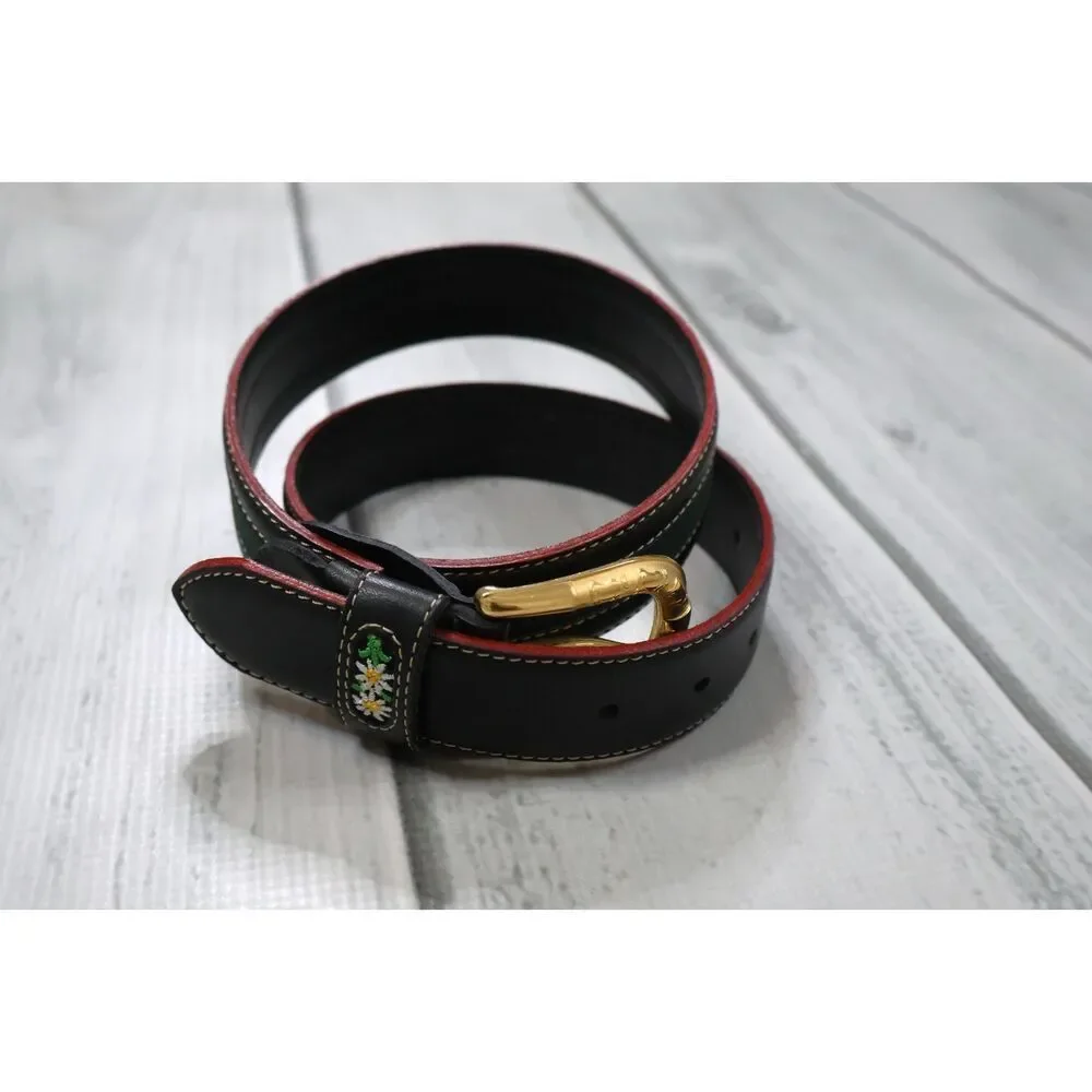 Vintage Swiss Folk Michel Jordi Women's Leather Belt Cow Print Golden Buckle